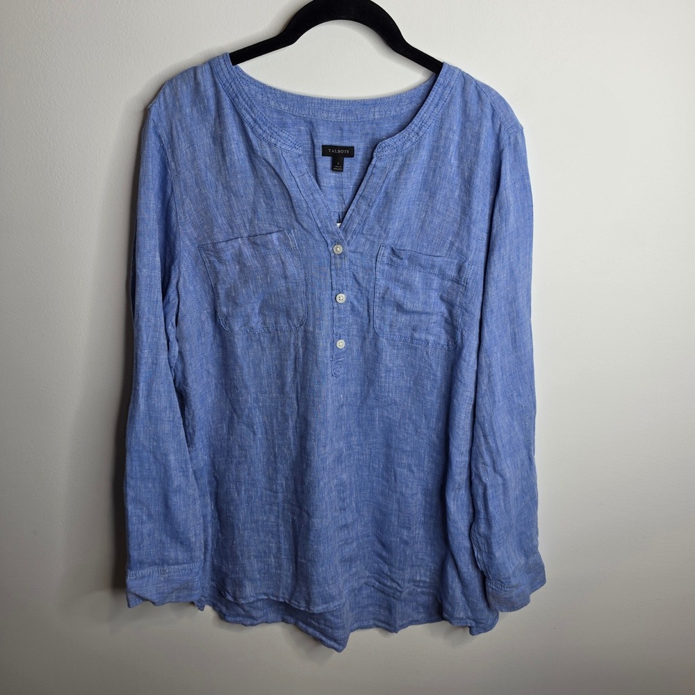 Talbots NWT Linen Tunic Womens Large Blue Roll Tab Sleeve Henley